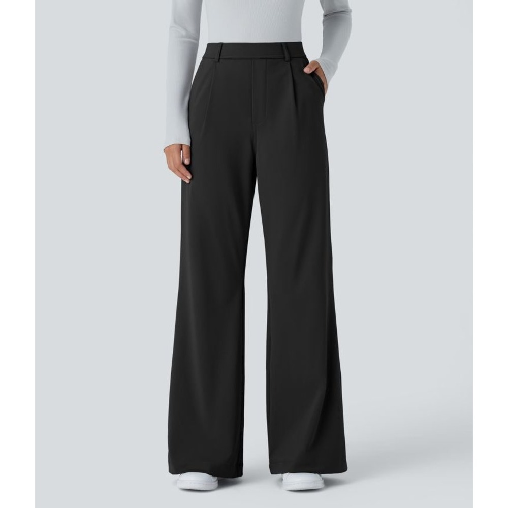 Halara Flex DayStretch High Waisted Pocket Work Flare Pants Black Wide Leg Gym